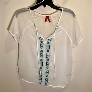 Red Camel sheer white top with blue embroidery